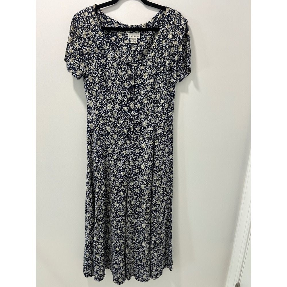 Vintage Express Navy Blue Floral Button Down Maxi Dress Rayon Short Sleeve M